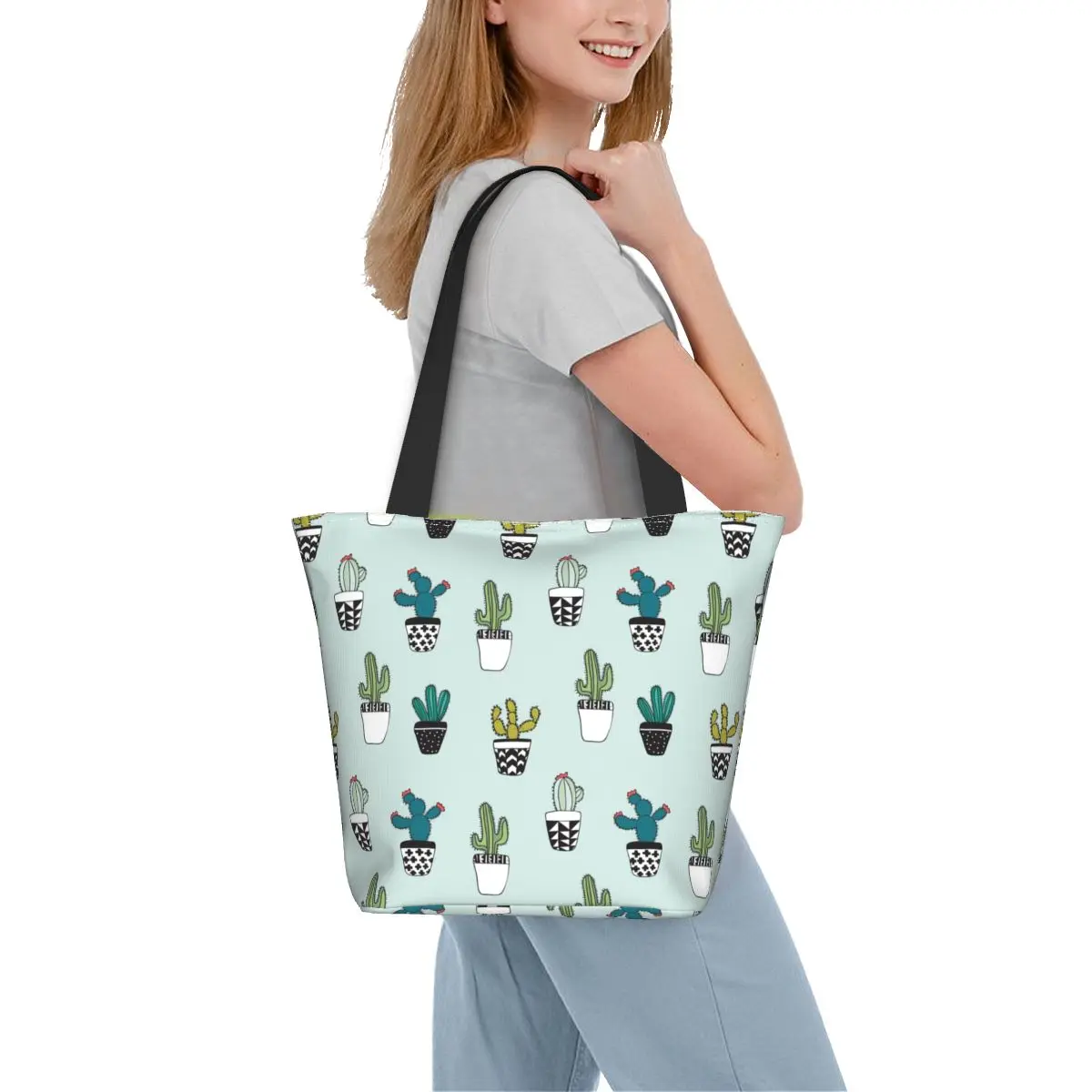 

Cacti Pattern Shopper Bag Succulents Flower Pots Plants Shopping Bags Woman Travel Polyester Tote Bag Aesthetic Print Handbags