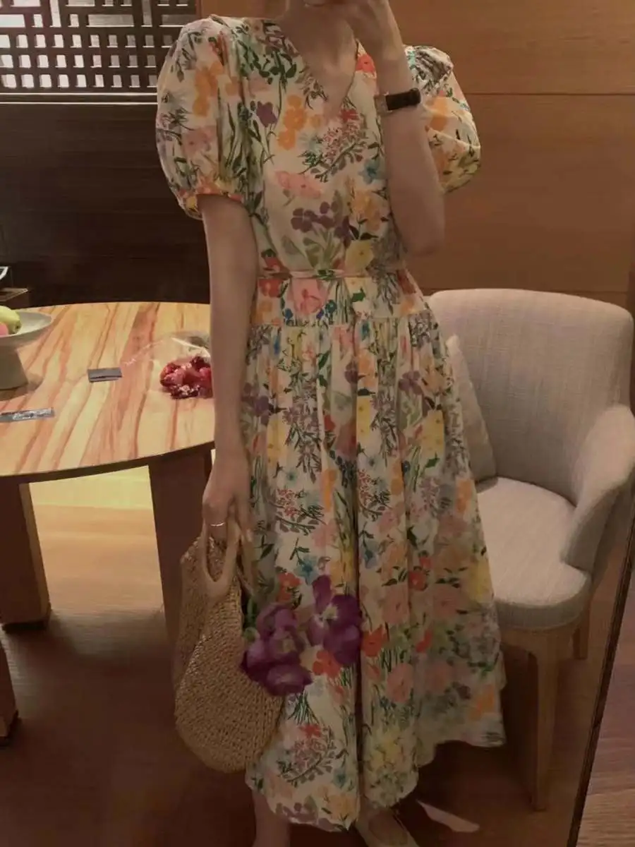 

2022 Spring New V-neck Short-sleeved Printed Long Dress for Women Maxi Dress