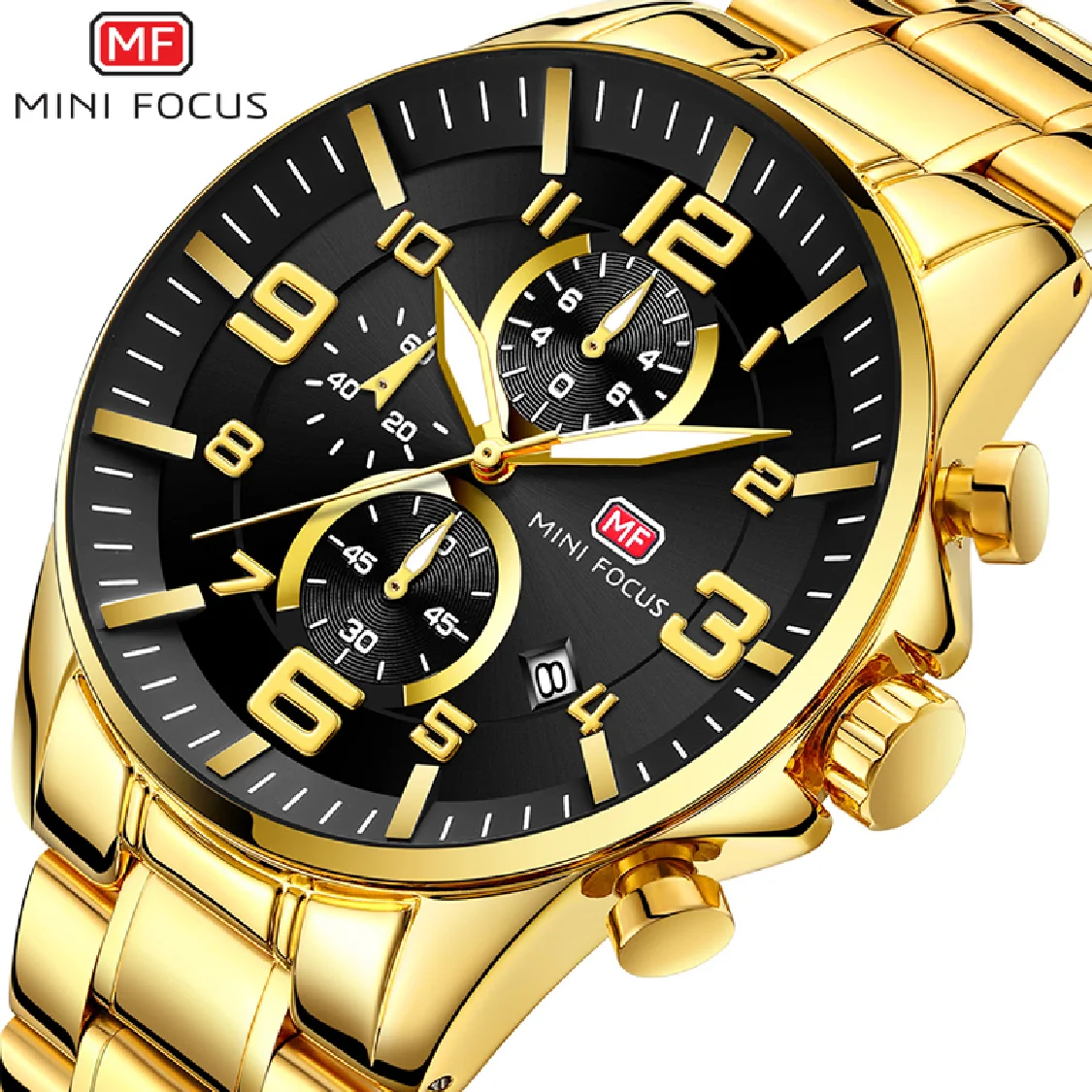 

MINI FOCUS Golden Quartz Luminous Men Watch Fashion Sport Stainless Steel Watches 3ATM Waterproof Wristwatch Chronograph Watches