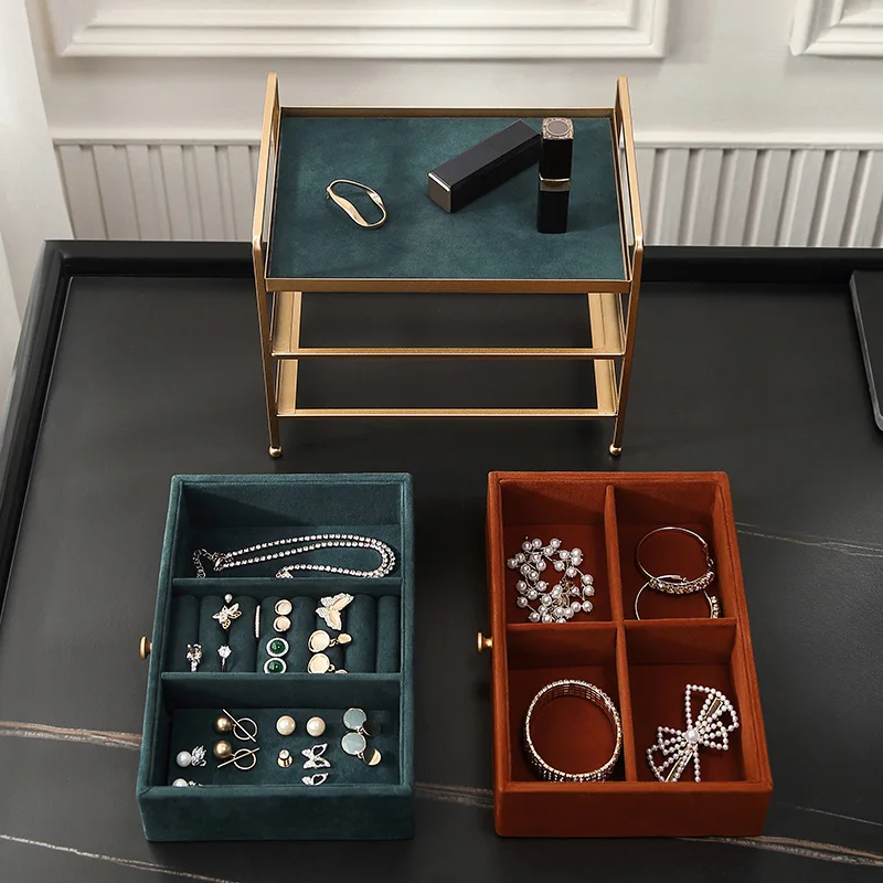 Casegrace Jewelry Box with Metal Rack Holder Double Layer Drawer Organizer Desktop Jewelry Display Storage Boxes Jewellery Tray