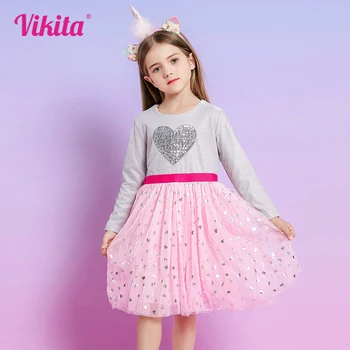 VIKITA Children Heart Design Sequined Dresses Kids Long Sleeve Autumn Winter Princess Elegant Mesh Tulle Shiny Dresses 3-10 Yrs 1