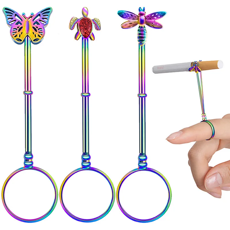 

Cigarette Holder Ring Frame Retro Portable Metal Finger Clip Portable Gift Set Color Butterfly Turtle Dragonfly Smoking Accessor