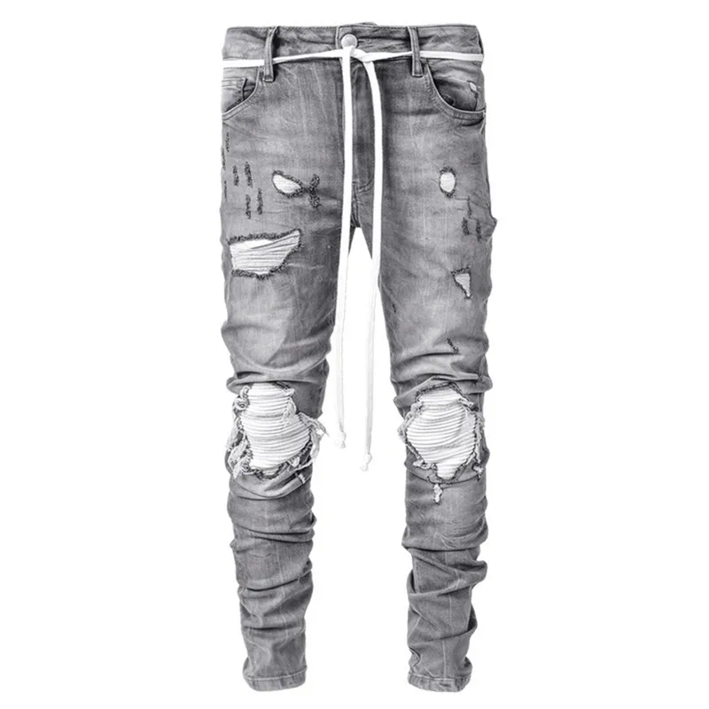 2022 New Mens Jeans Elastic Leggings Locomotive Hole Jeans Men Streetwear Men Ripped Jeans Full Length Denim Pants