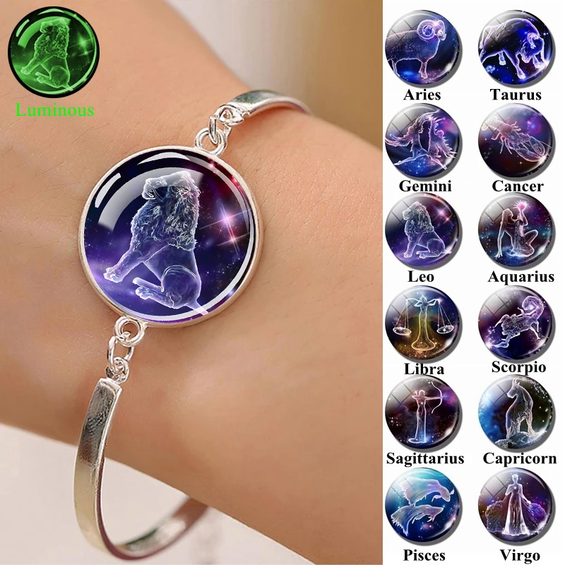 

12 Constellation Luminous Bracelet Zodiac Sign Glass Cabochon Bracelet Glow In The Dark Jewelry Men Women Birthday Gift