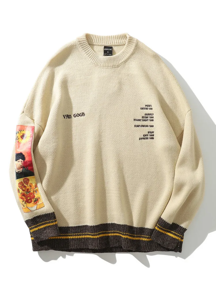 

SYUHGFA Long Sleeve Patchwork Pullover Knit Sweater 20222 Autumn Mens Hip Hop Embroidery Knitwear Sweaters Streetwear Tops