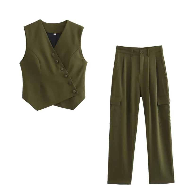 

2023 Summer New Commuter Women's Trousers Set Diagonal Cardigan V-Neck Vest & Pocket Decoration Workwear Trousers Two-piece Set