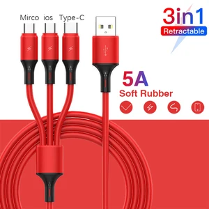 3 in1 5a fast charging data cord liquid silicone skin cable micro usb type c phone charger for iphone 11 12 13 pro max xiaomi 9t free global shipping