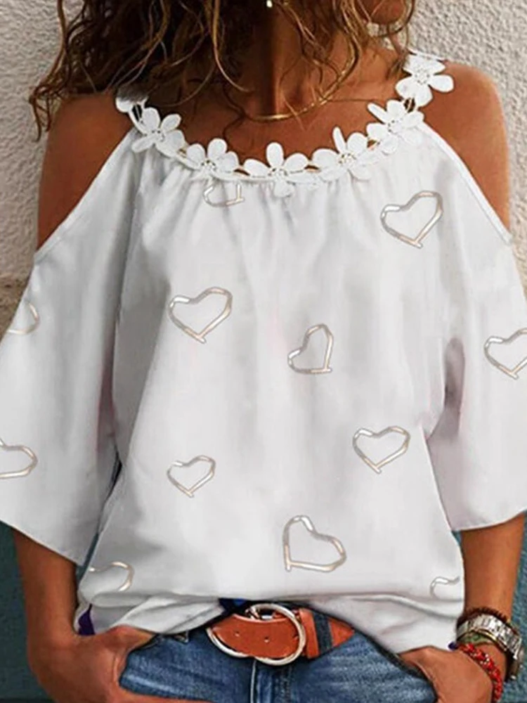 

Elegant Casual Hollow Short Sleeve Office T-Shirt Summer New Lace Halter Print Pullover Top Women O-neck Chic High Street Blouse