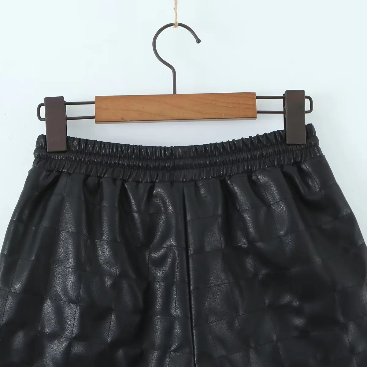 Elmsk Drawstring Bermuda Vintage Plaid Pu Leather Harem Shorts Women