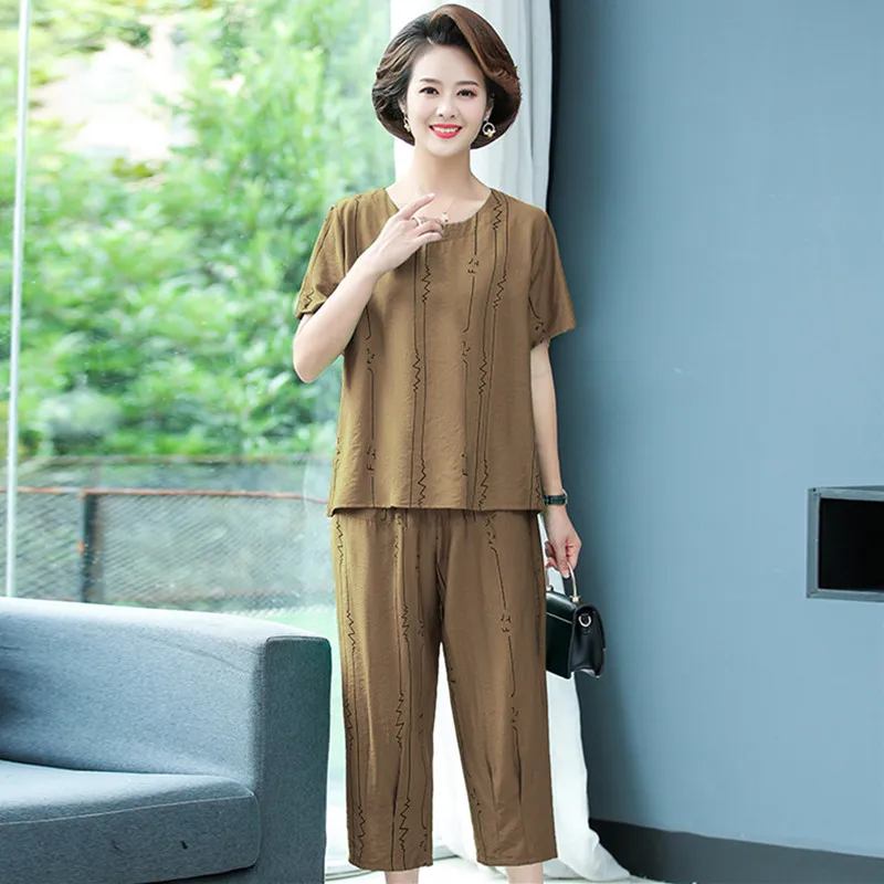 

Cotton Linen Middle-Aged Elderly Women Two-Piece Set Loose Short Sleeve Cropped Pant Grandma Suit Fashion Mother Clothes XL-6XL