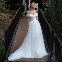 boho boat neck a line wedding dress 2022 long sleeves elegant bridal gown strapless backless lace for women vestido de novia