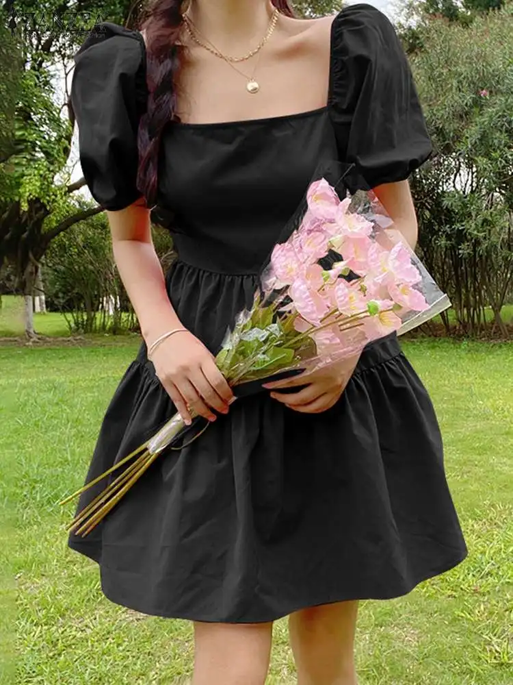 

Women's Elegant Puff Sleeve Vestidos 2022 Summer Solid Mini Dress Holiday Party Sundress ZANZEA Chic Square Collar Short Dresses