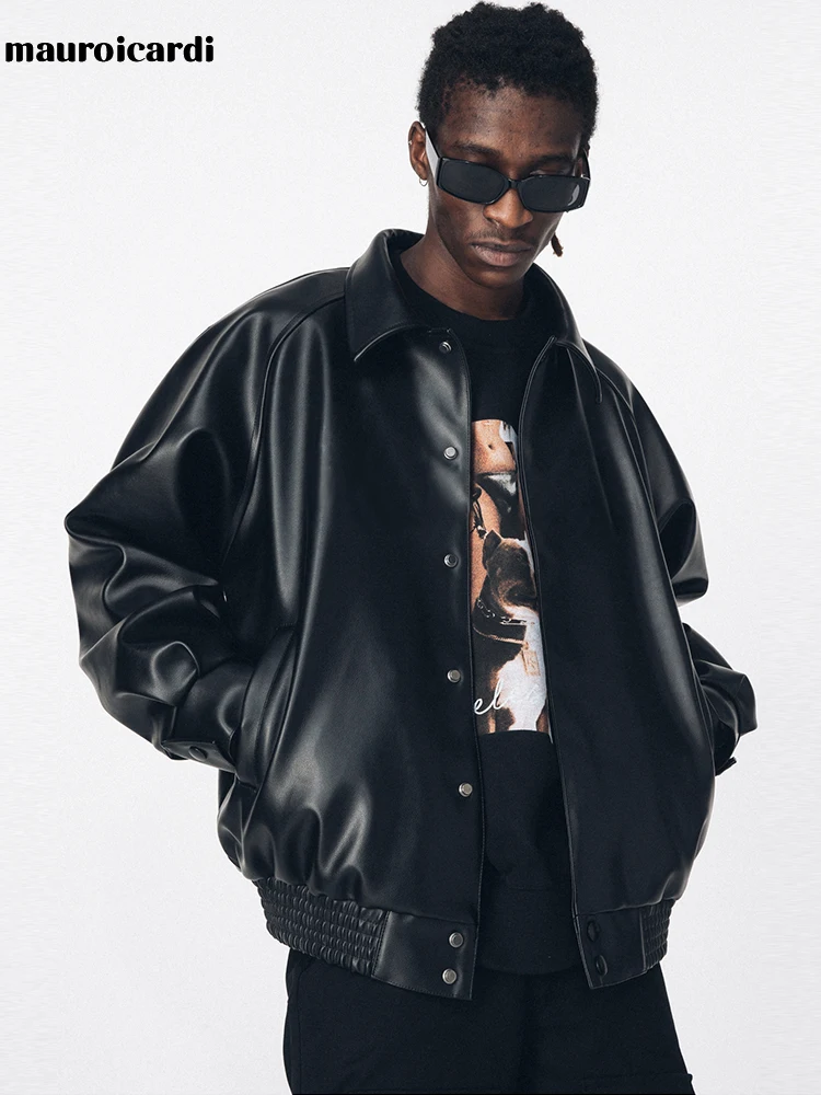 

Mauroicardi Autumn Casual Oversized Black Pu Leather Jacket for Men Style Raglan Sleeve Turndown Collar Loose Korean Fashion