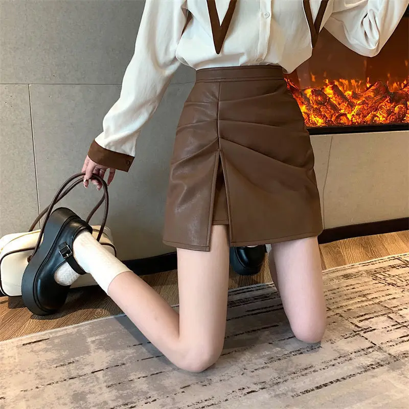 

Women PU Leather Skirt Sexy Ruched High Waist Black Short Mini Bottom Stretch Slit Korean Office Lady Streetwear Skirts X74