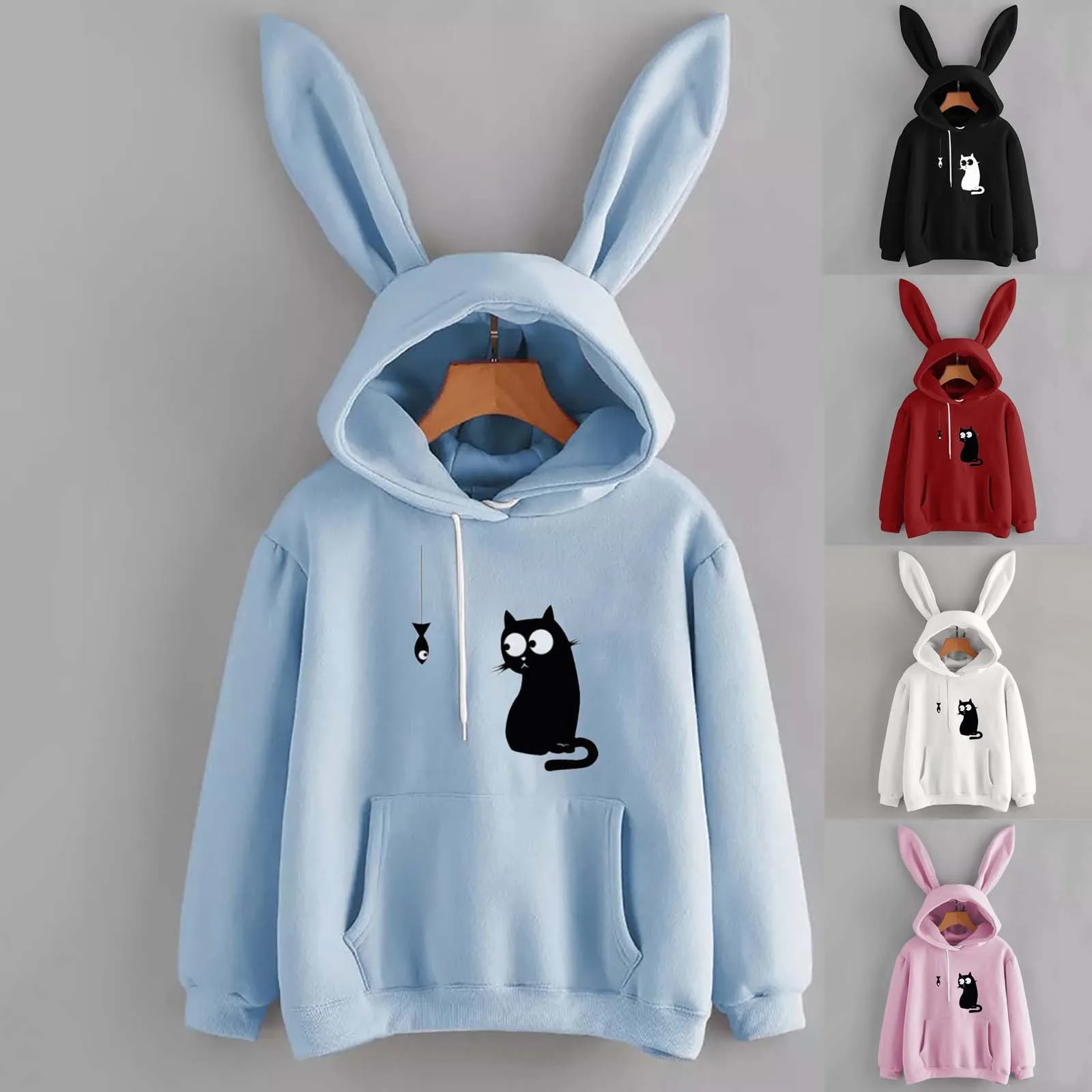 

2021 Women's Halloween Sweatshirt Casual Loose Cat Fishing Print Drawstring Blouse Bunny Ear Hoodie Oversized Hoodies for Women
