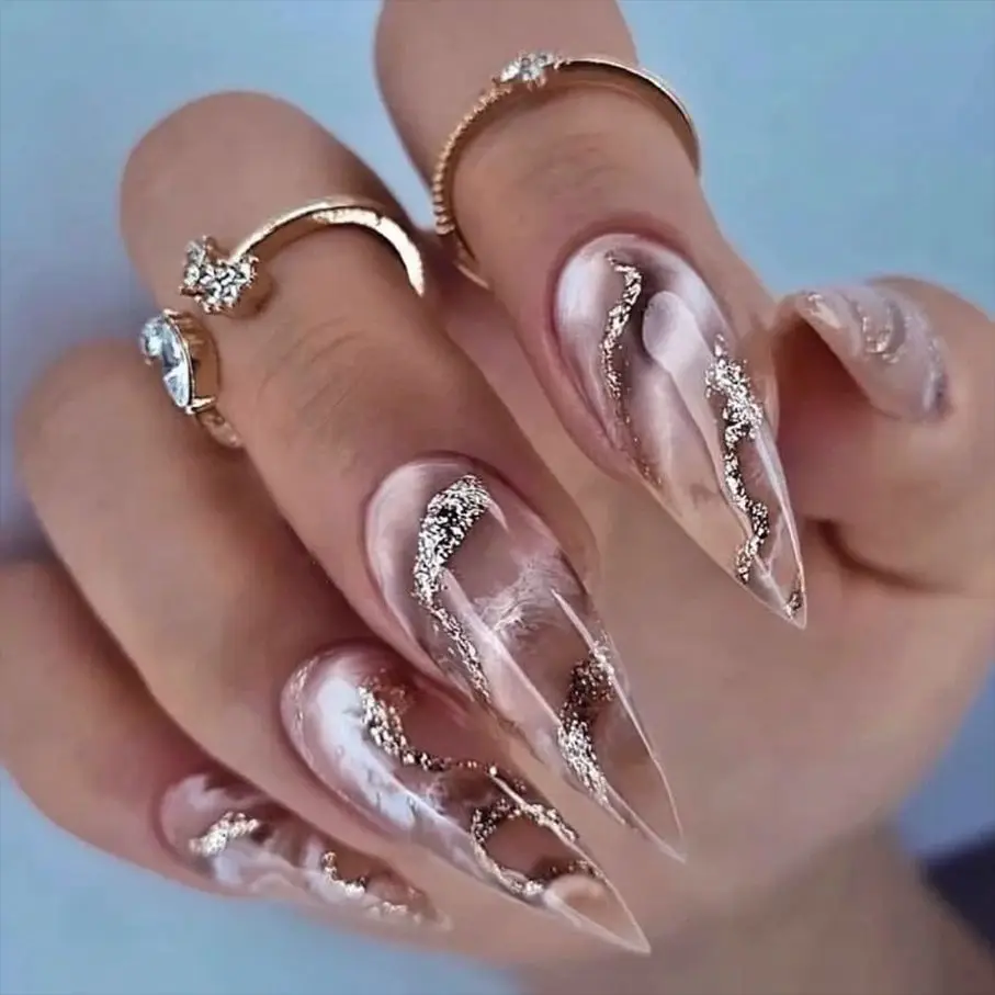 

3D fake nails gold flash glitter Halo dyed marble designs long french almond tips faux ongles press on false nail supplies set