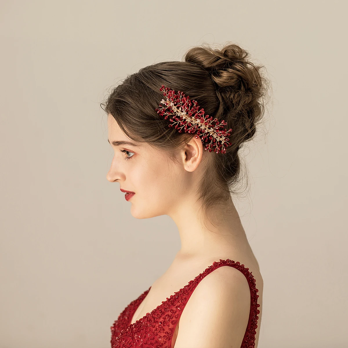 O563 Elegant Wedding Bridal Hairwear Red Crystal Handmade Brides Bridesmaid Headpiece Women Pageant Hairpins