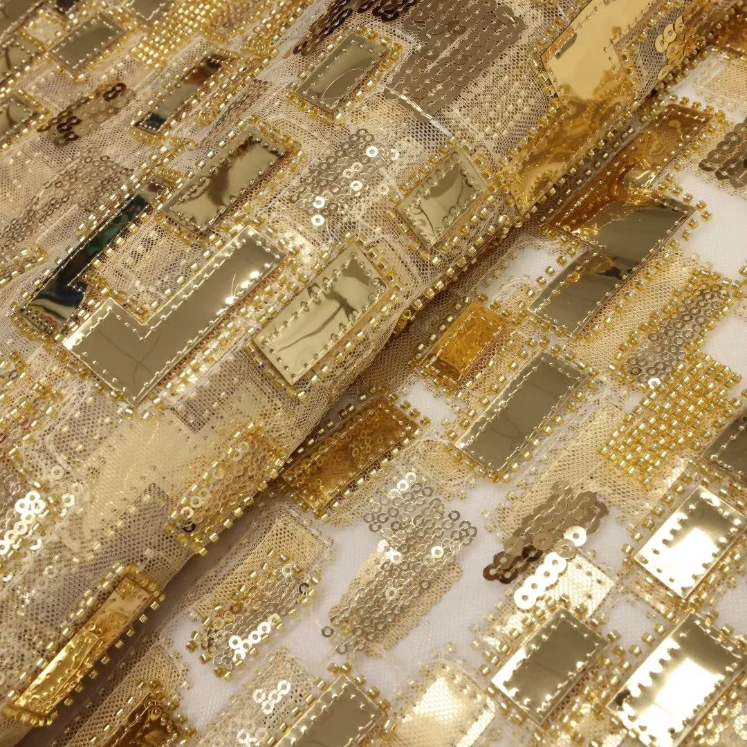 

(5 ярдов/шт.) высококачественное Золотое Африканское свадебное Тюлевое кружево с тюлевыми бусинами и блестками, новейшее французское Сетчат...
