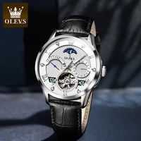 olevs brand moon phase skeleton watch for men leather strap business mens wristwatches waterpoof automatic mechanical man watch