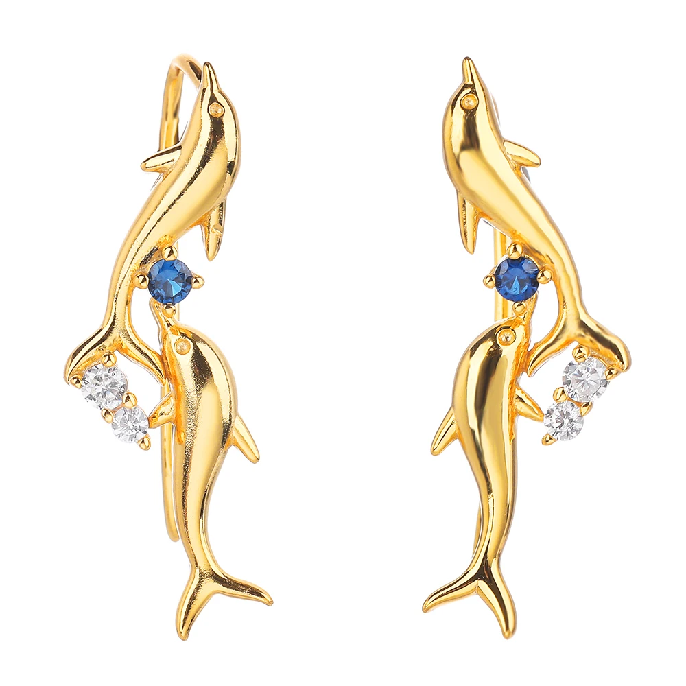 

Poulisa Double Dolphins Cubic Zirconia Stud Earrings Zircon 925 S925 Sterling Silver Studs Climbers Earring Ear Pendiente