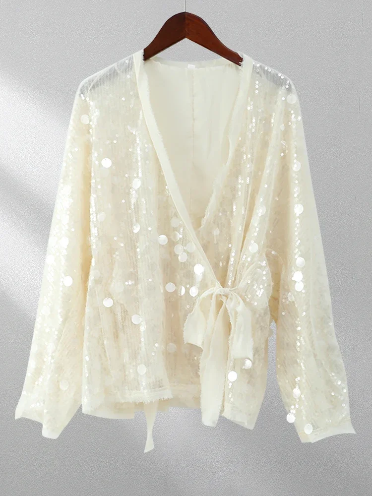 Женское кимоно с блестками Элегантная стильная куртка V-образным вырезом и