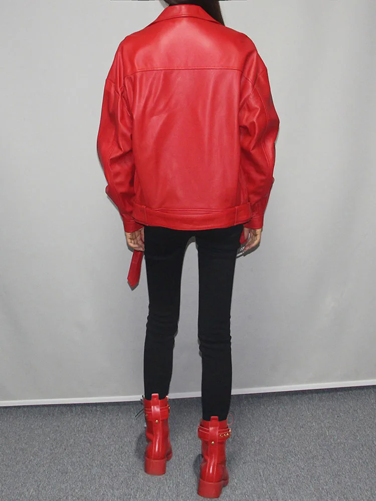 2022 Spring Autumn Woman's Genuine Sheepskin Leather Coat BF Loose Casual Jacket for Lady Female Red Black Plus Big Oversize