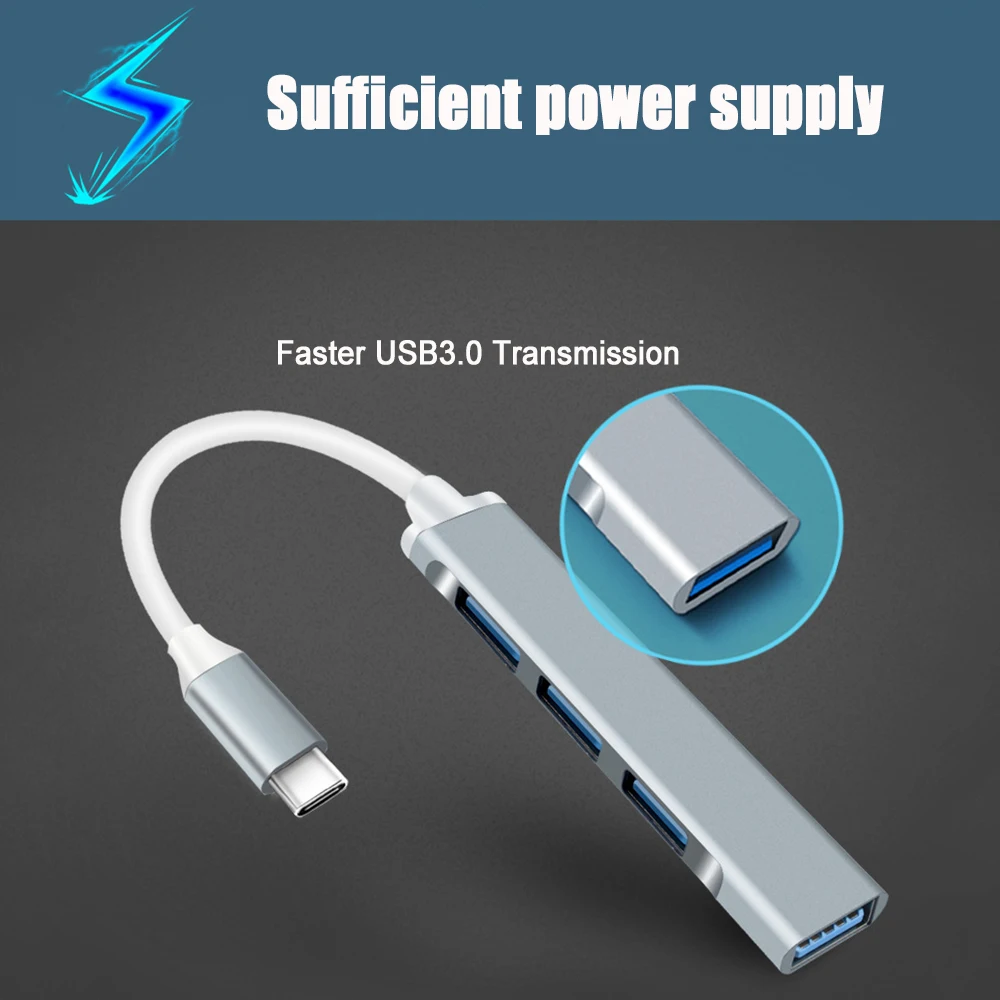 Фото Мини-USB-концентратор типа C, 4-портовый адаптер USB 3.0, мульти-сплиттер, док-станция 4 в 1, ультратонкая сверхскоростная алюминиевая док-станция для портативных ПК №1