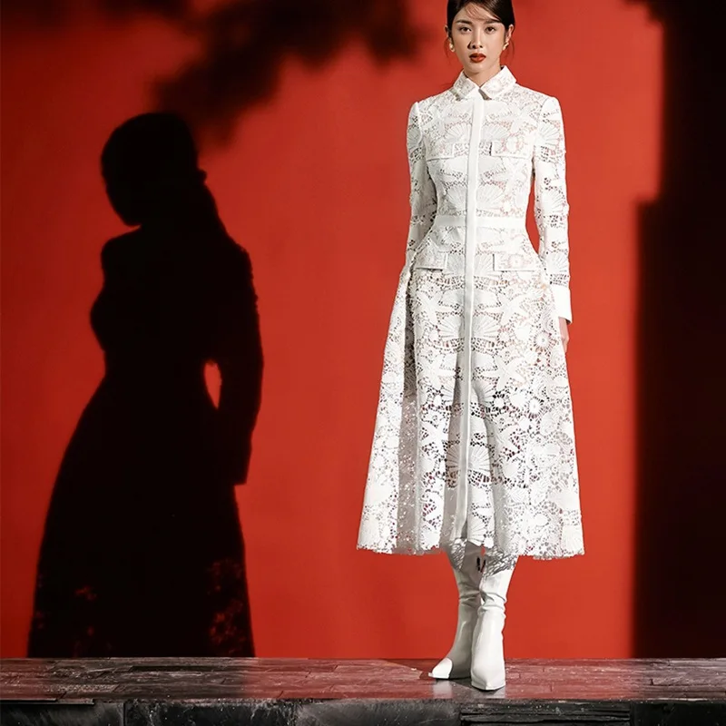 

Dress Spring and Summer Heavy Industry Water Soluble Lace Dress White Lapel Hollow Long Sleeve