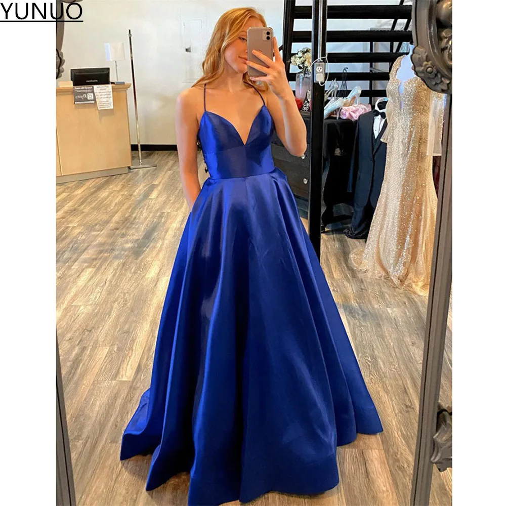 

YUNUO Royal Blue Satin A-Line Long Prom Party Dress Spaghetti Straps robe de soirée Evening Dresses With Pockets Lace Up فساتين