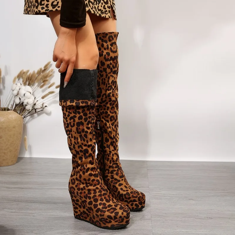 

Women's Over The Knee Thigh High Boots 2023 Autumn Winter Designer Leopard Print Round Toe Sexy Platform Shoes Zapatos De Mujer