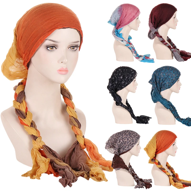 

Handmade Twist Braided Headscarf Stretch Tie Dye Bandana Headwear Muslim Braids Turban Hijab Indian Hair Loss Cover Streetwear