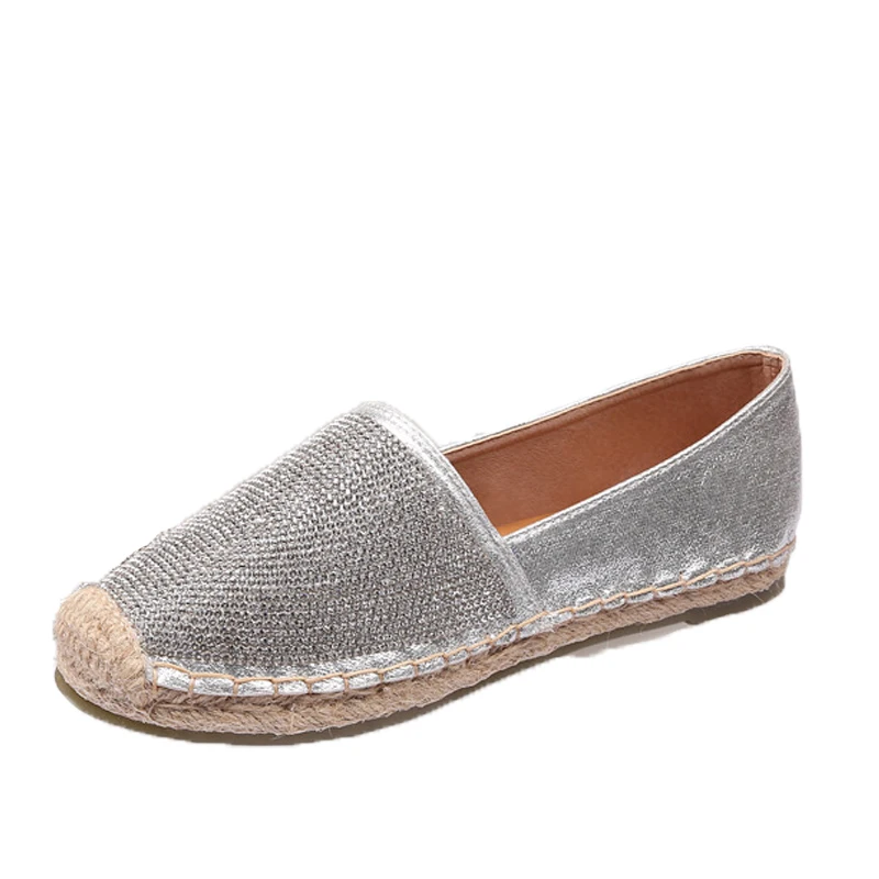 Hemp Rope Rhinestone Women Fisherman Shoes Pu Leather Loafers Silver Black Ladies Moccasin Shiny  Flats Zapatillas Mujer 43