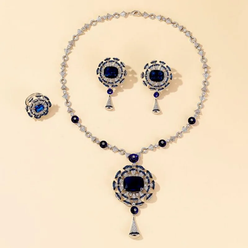 

Europe America High-end Jewellery Women Lady Inlay Zircon Blue Stone Double Fanned Pendant Silver Color Necklace Earrings Ring