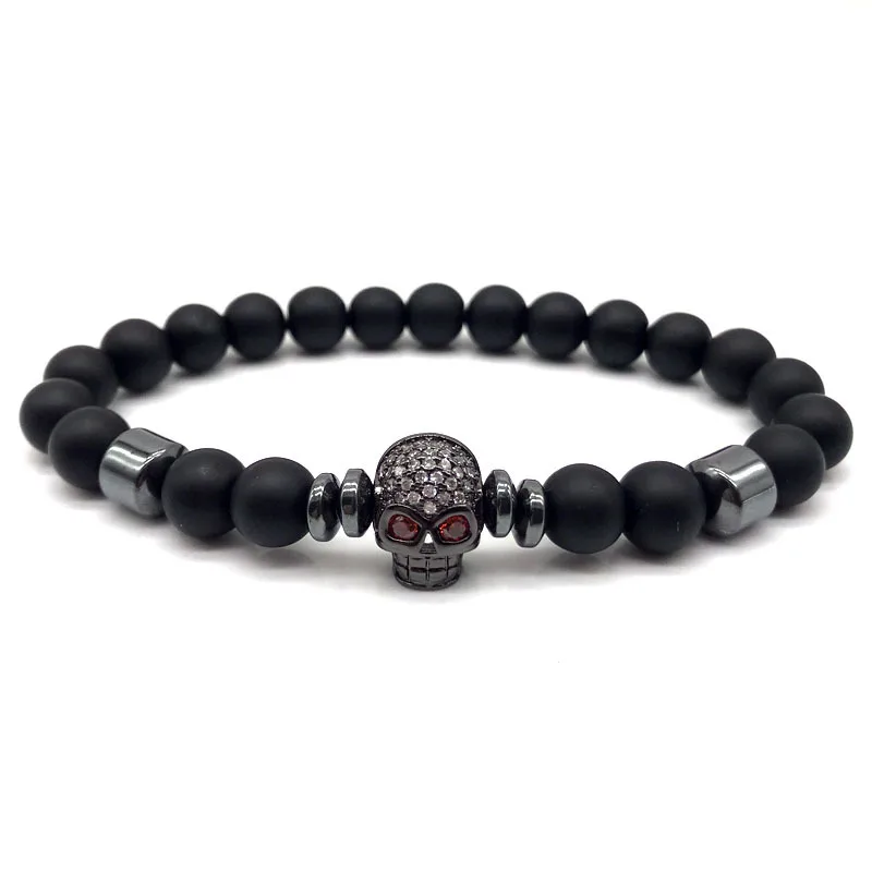 

Классический браслет с подвесками в виде черепа, мужской черный браслет с выложенным фианитом, гематит, матовый браслет с бусинами для Мужч...