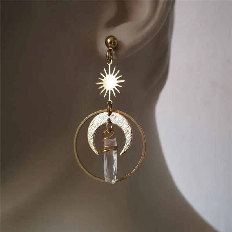 Серьги Полумесяца Фаза Небесного Взрыва Естественных Кристаллов Boho
