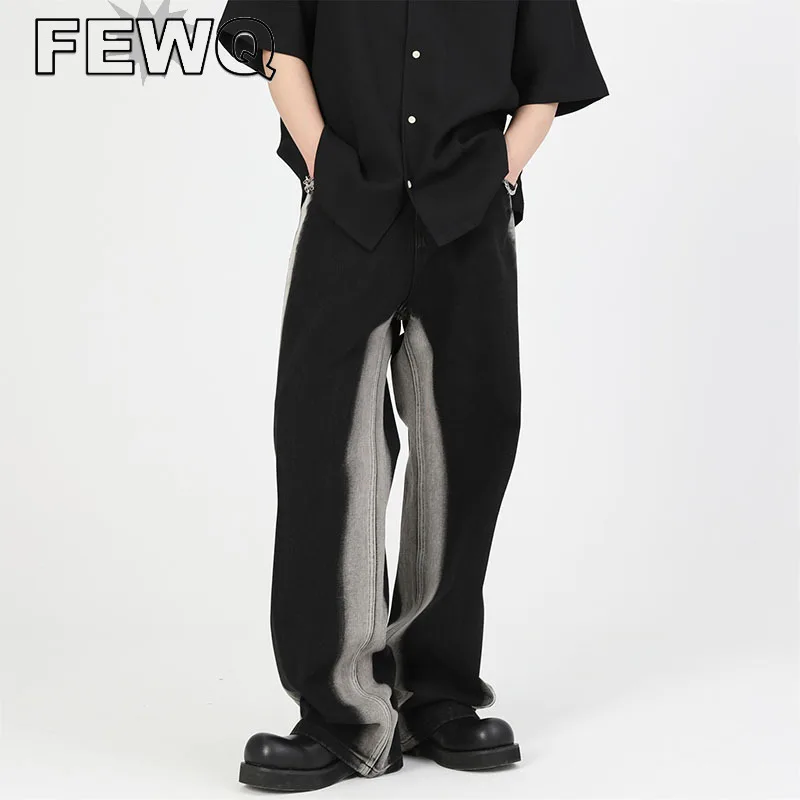 

FEWQ Niche Design Men's Stitching Color Jeans Tie Dyed Male Denim Pants Vintage Korean Fashion Casual Pants Autumn Chic 24B3354