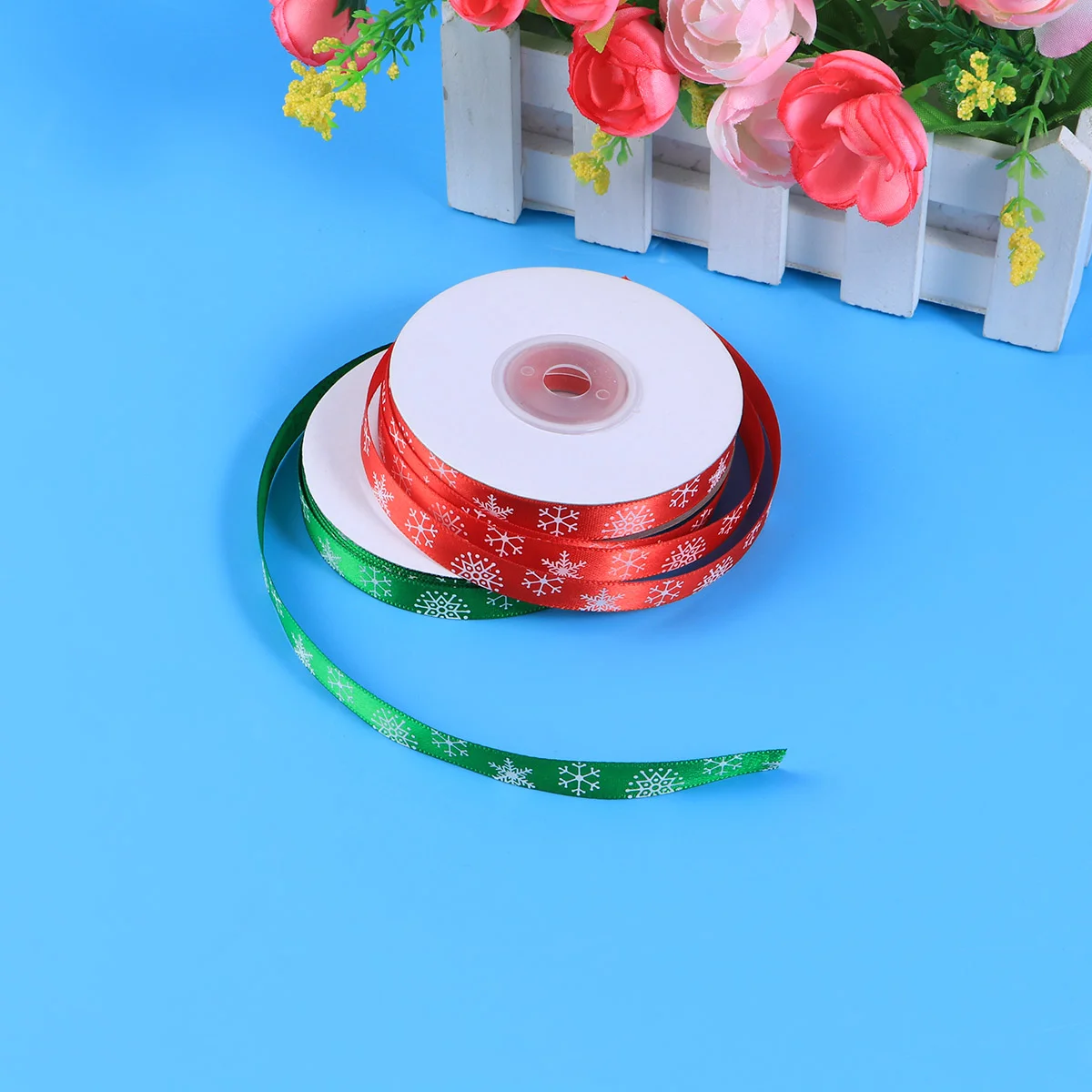 

2pcs Ribbon Roll Printing Snowflake Christmas Polyster Tape for DIY Decoration