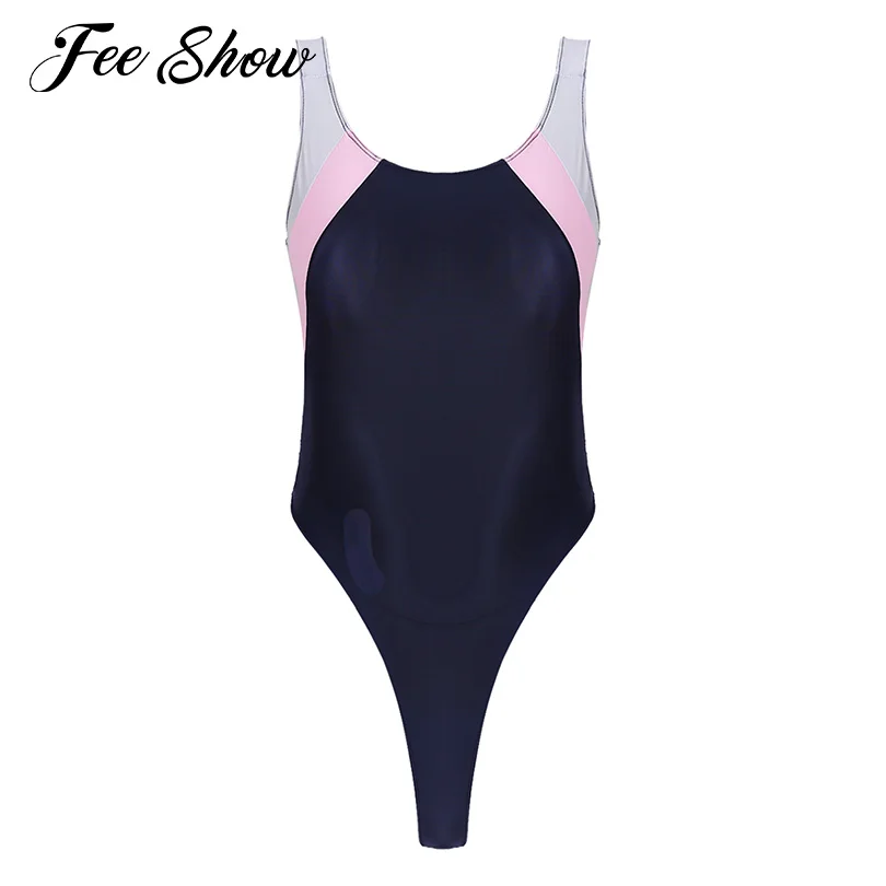 

Women Color Block One-piece Swimsuit Sports Thong Gymnastic Leotards Backless High Cut Bodysuit Sleeveless Swimwear Bathing Suit