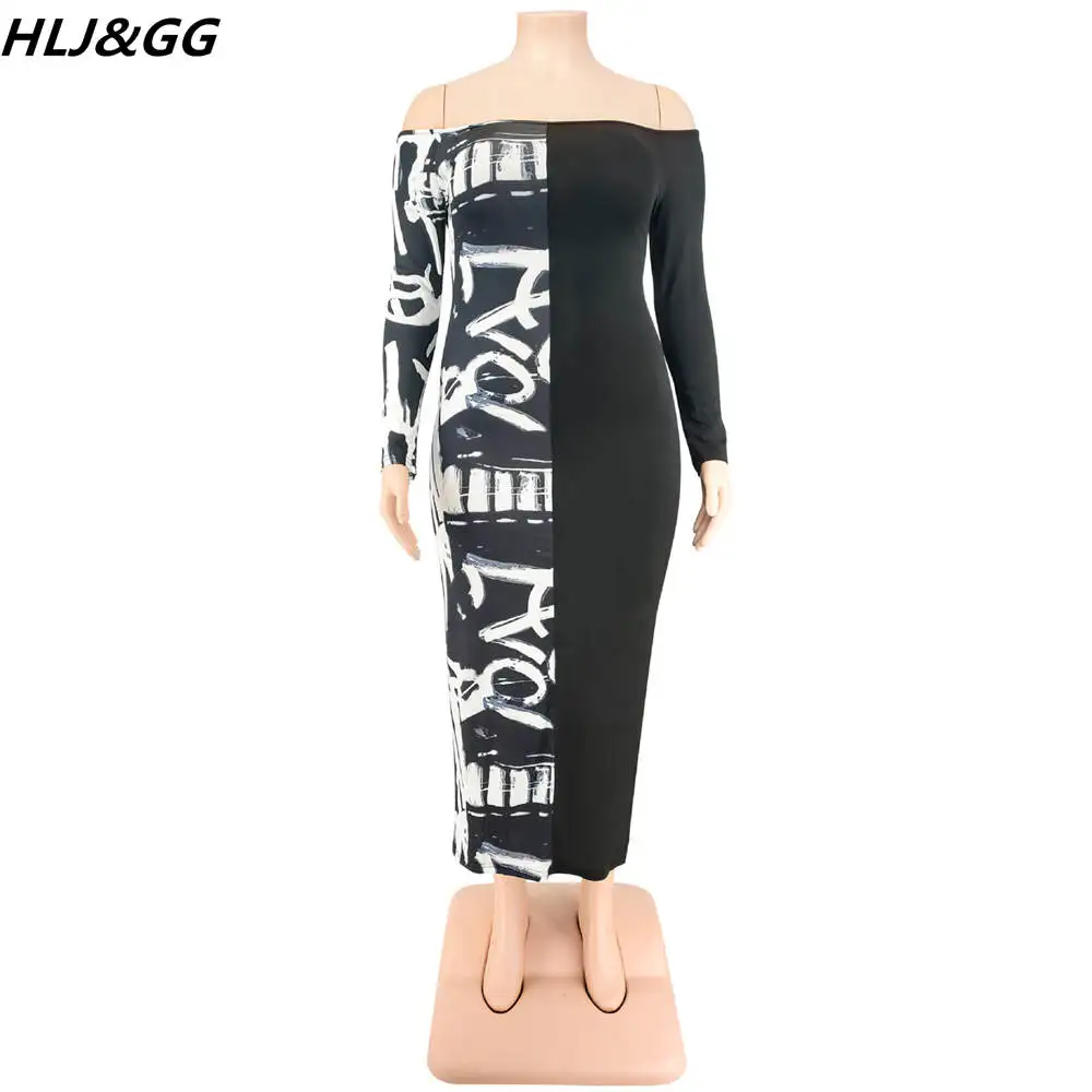 HLJ&GG Sexy Off Shoulder Long Sleeve Bodycon Mid Dresses Plus Size Women Graffiti Print Dress Fashion Female Streetwear Vestidos