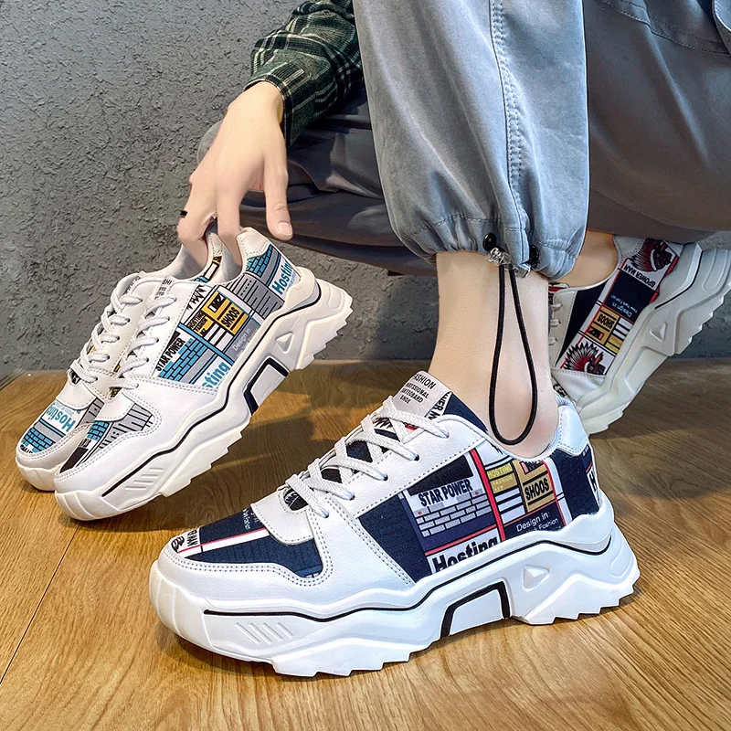

Korean Summer Print Platform Men White Casual Board Shoes Mesh Tennis Sport Sneakers Large Size 45 46 Height Increasing