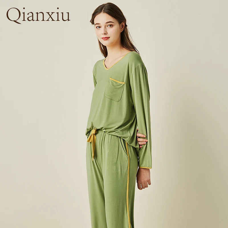 2022Women's Winter Autumn Underwear Bamboo Fiber Pajamas Set  V-neck Robe Set Sexy Tops Pants Home Clothes Long Sleeve Nightgown
