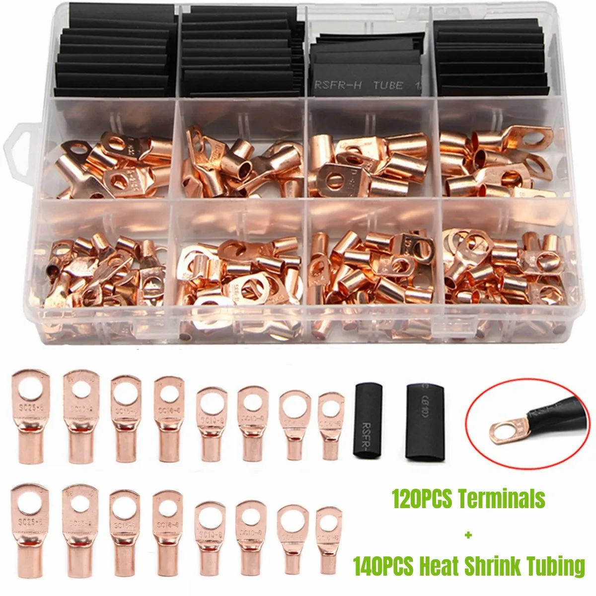 

260 шт. SC голая медная кольцевая проушина обжимные клеммы соединитель электрического провода термоусадочная трубка набор в ассортименте