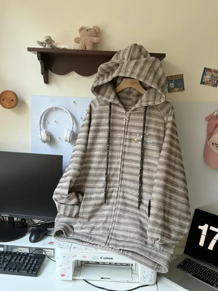 QWEEK Y2k Kawaii полосатый кардиган оверсайз японский Harajuku свободный осень 2024 милый