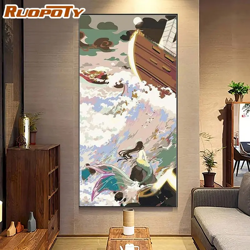 

RUOPOTY DIY Oil Painting By Numbers Tsunami Mermaid On Canvas With Frame Acrylic Kit Picture Adult For Home Decor Art Gift