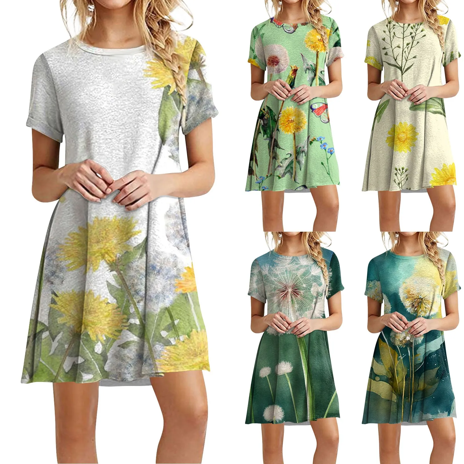 

Летнее платье для женщин 2023, женское летнее винтажное платье с цветочным принтом, свободное платье с круглым вырезом и коротким рукавом, костюм для лета Vestidos