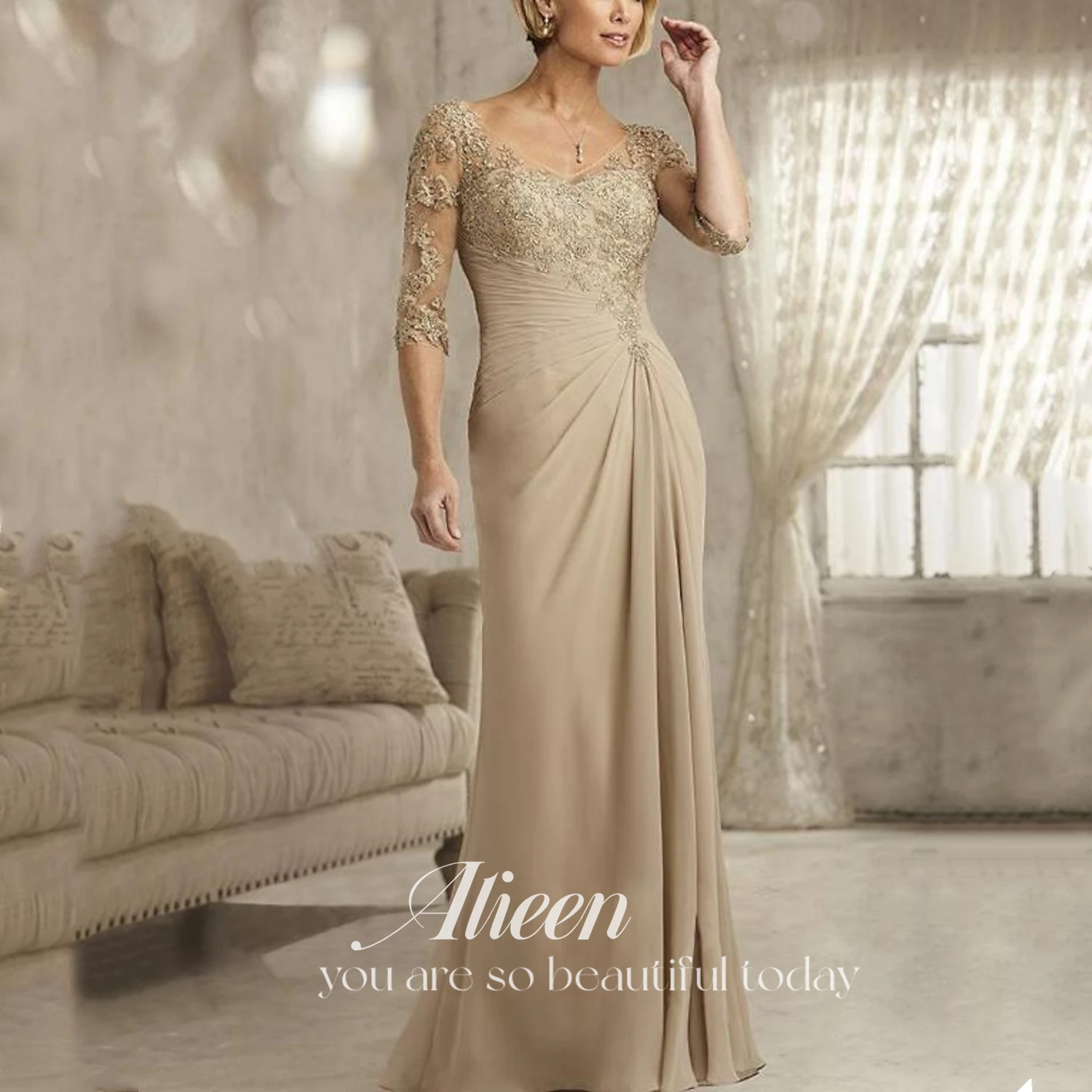 

Elegant Beaded Lace Champagne Mother of The Bride Dresses Plus Size Chiffon Half Sleeves Groom Mother Evening Dress For Wedding