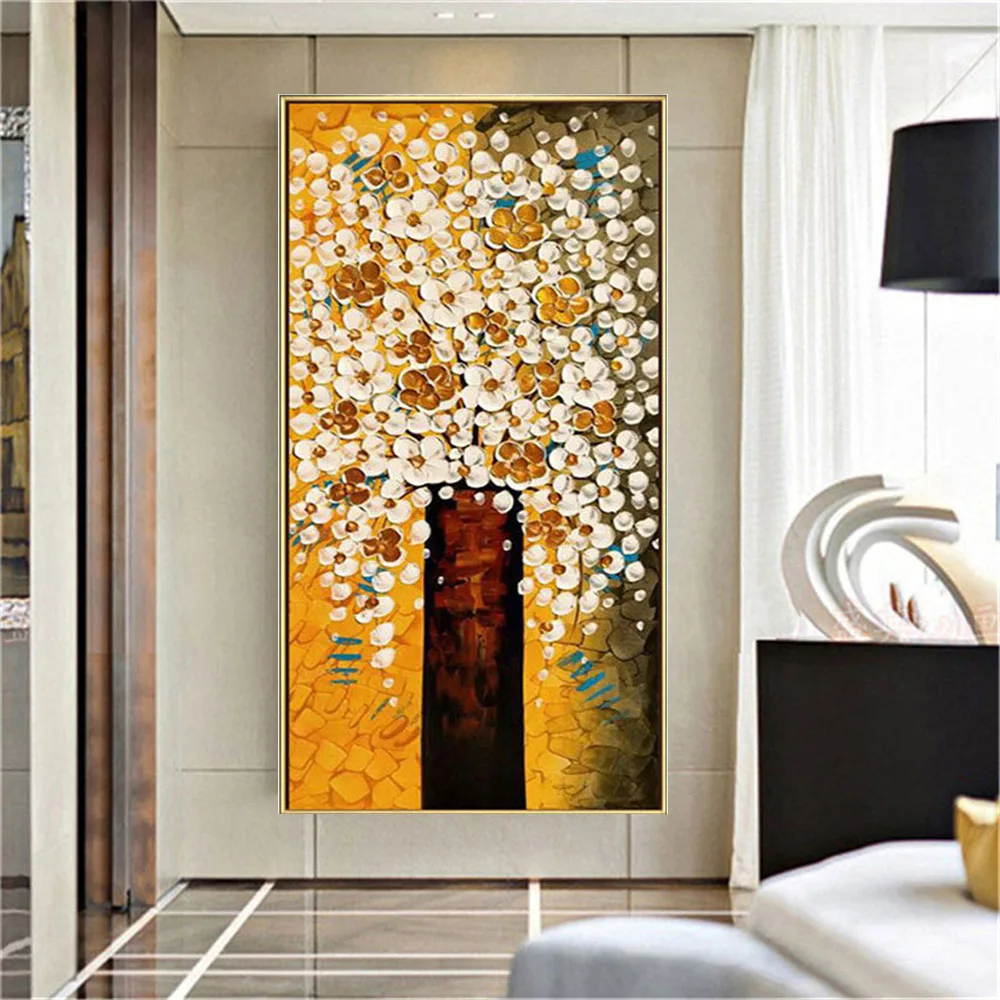 

Handmade Vertical Panel Hanging Picture Yellow 3d Tree Flower Thick Knife Oil Painting On Canvas Art Cuadros Home Decor Artwork