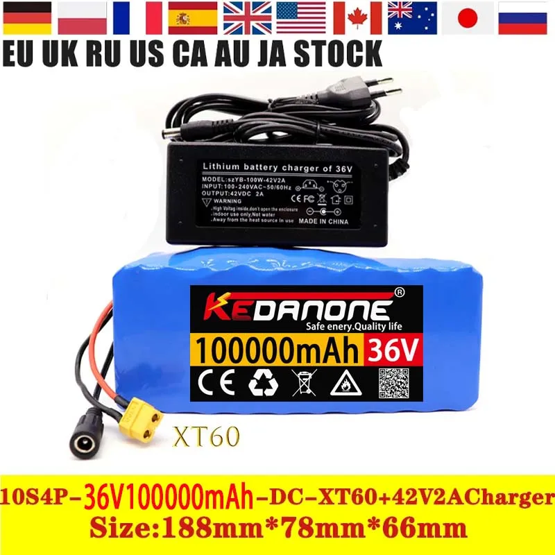 

2022 New High-Power 1000W Li-ion 36V 100Ah Battery 10S4P 100000mAh E-Bike Scooter BMS + 42V 2A Charger