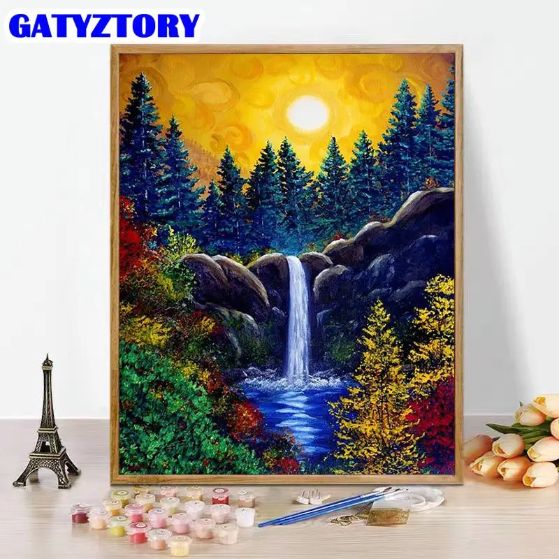 

GATYZTORY Paint By Number Waterfall Scenery Drawing On Canvas Gift Diy Pictures By Numbers Sunset Kits Handpainted Art Home Deco