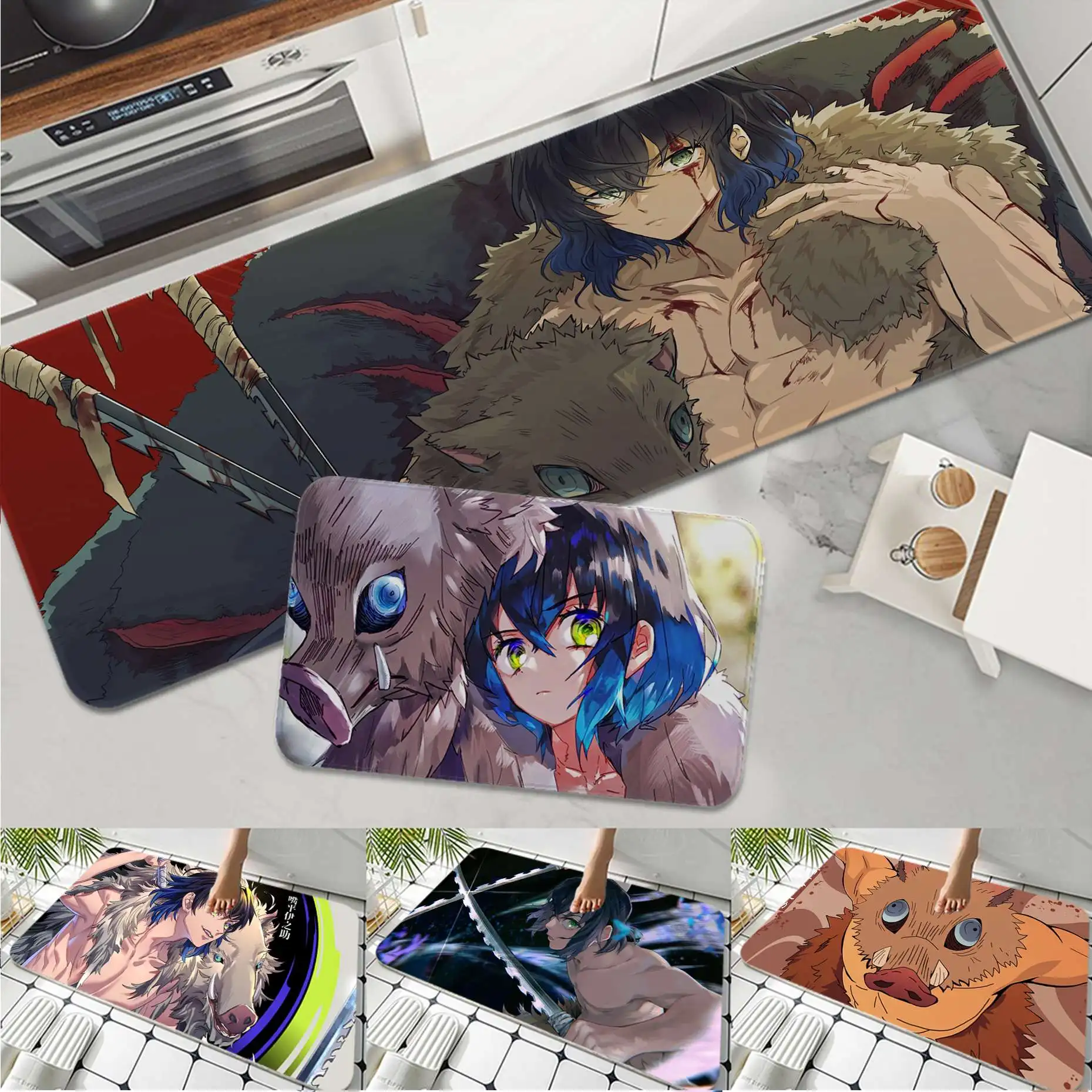 

Demon Slayer Hashibira Inosuke Printed Flannel Floor Mat Bathroom Decor Carpet Non-Slip For Living Room Kitchen Welcome Doormat